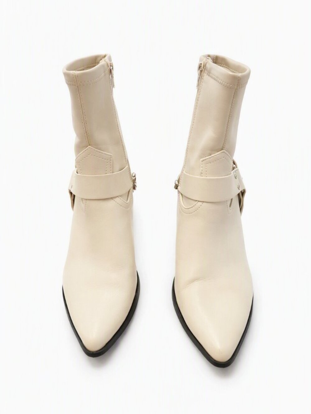 Cream Pointed Toe Moto Strap Ankle Boots | Sleek Minimalist Street Luxe